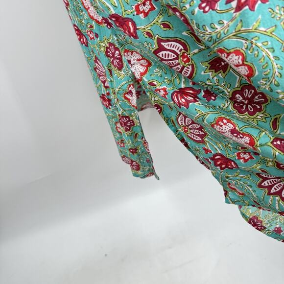 Maisie Tie Waist Midi Dress in Ethnic Floral Sz L Green Pink Boho Beachy Cotton - Picture 10 of 16